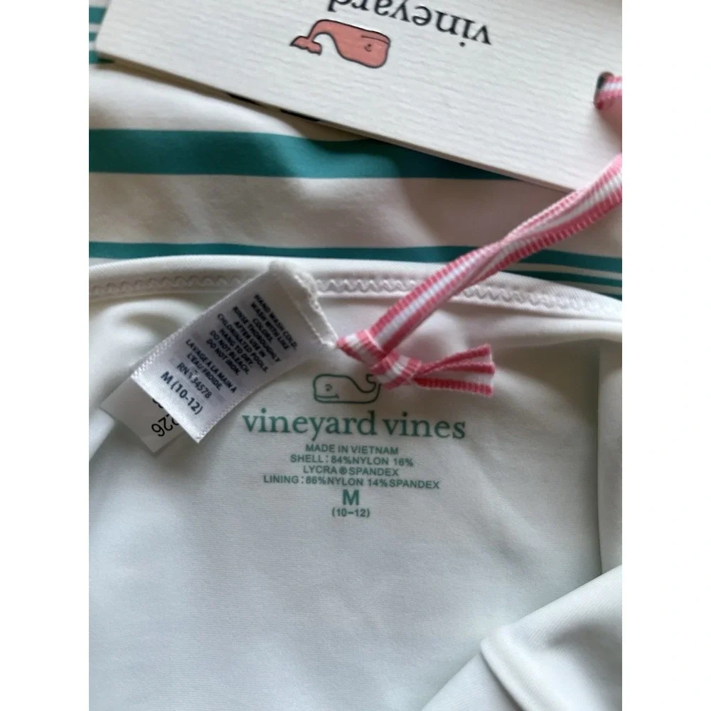 $65 NWT Vineyard Vines Sz M (10-12) Girls Swim Suit White Blue Green Stripe New